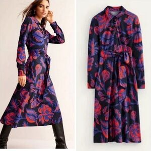 Boden Laura Midi Print Belted Shirt Dress Long Sleeves Colorful Size US 14 NWOT